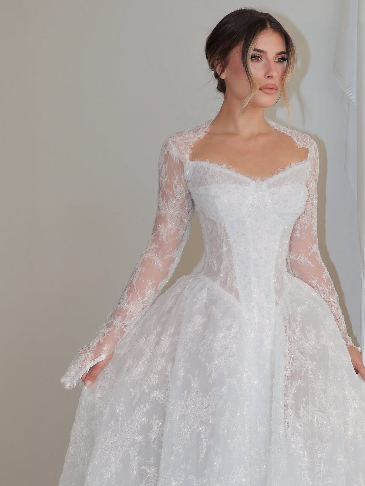Lace Corset Long Sleeve Ball Gown Wedding Dress