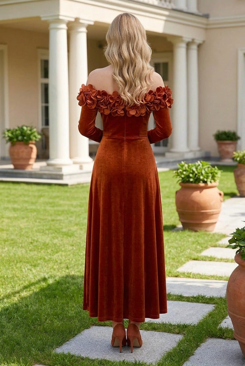 Off-the-Shoulder Floral Applique Velvet Maxi Dress