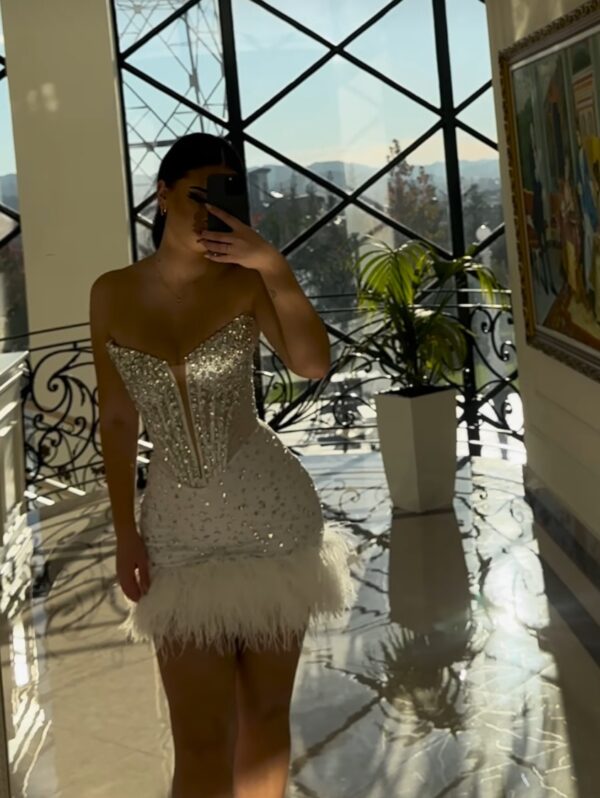 Strapless Beaded Corset Mini Dress with Feather Trim