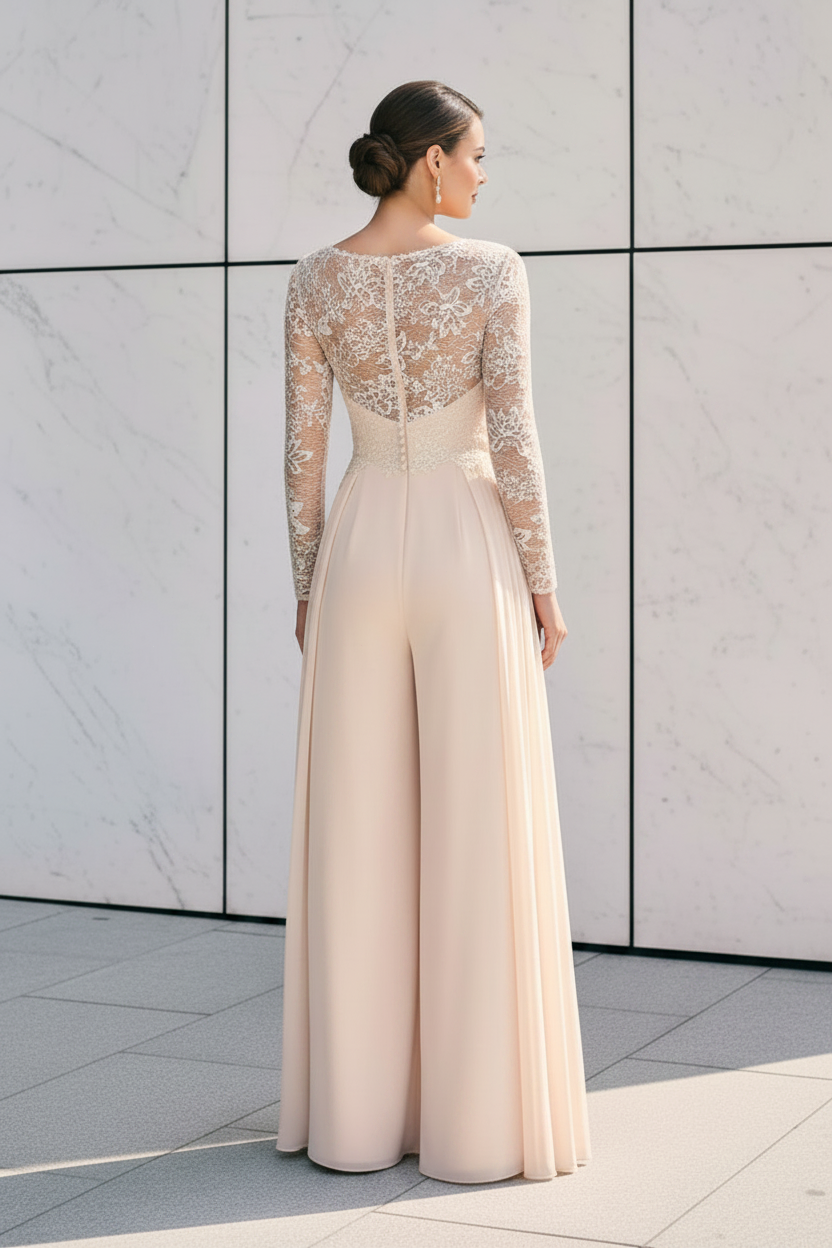 Lace Bodice Chiffon Wide-Leg Jumpsuit with Hat