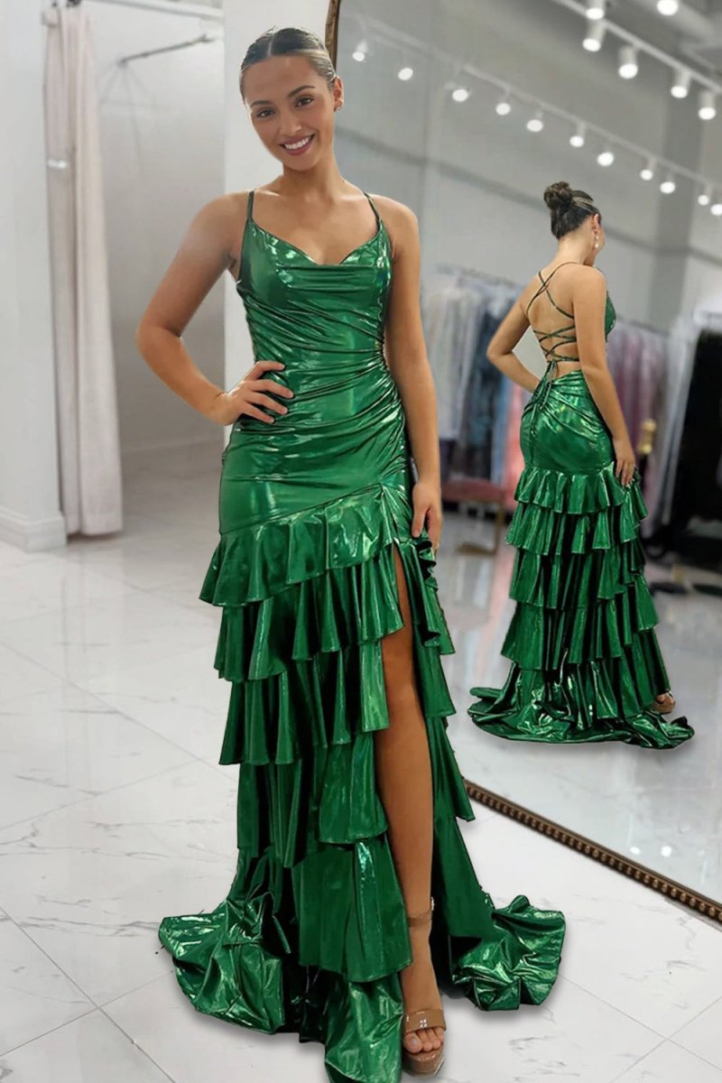 Dark Green - Spaghetti Straps Mermaid Metallic Ruffled Prom Dresses With Slit