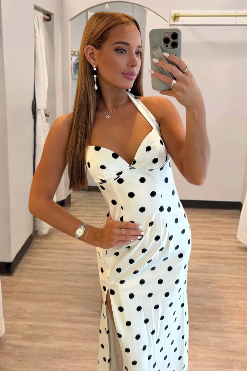 Black-White - Halter Sheath Polka Dots Long Formal Prom Dresses With Slit