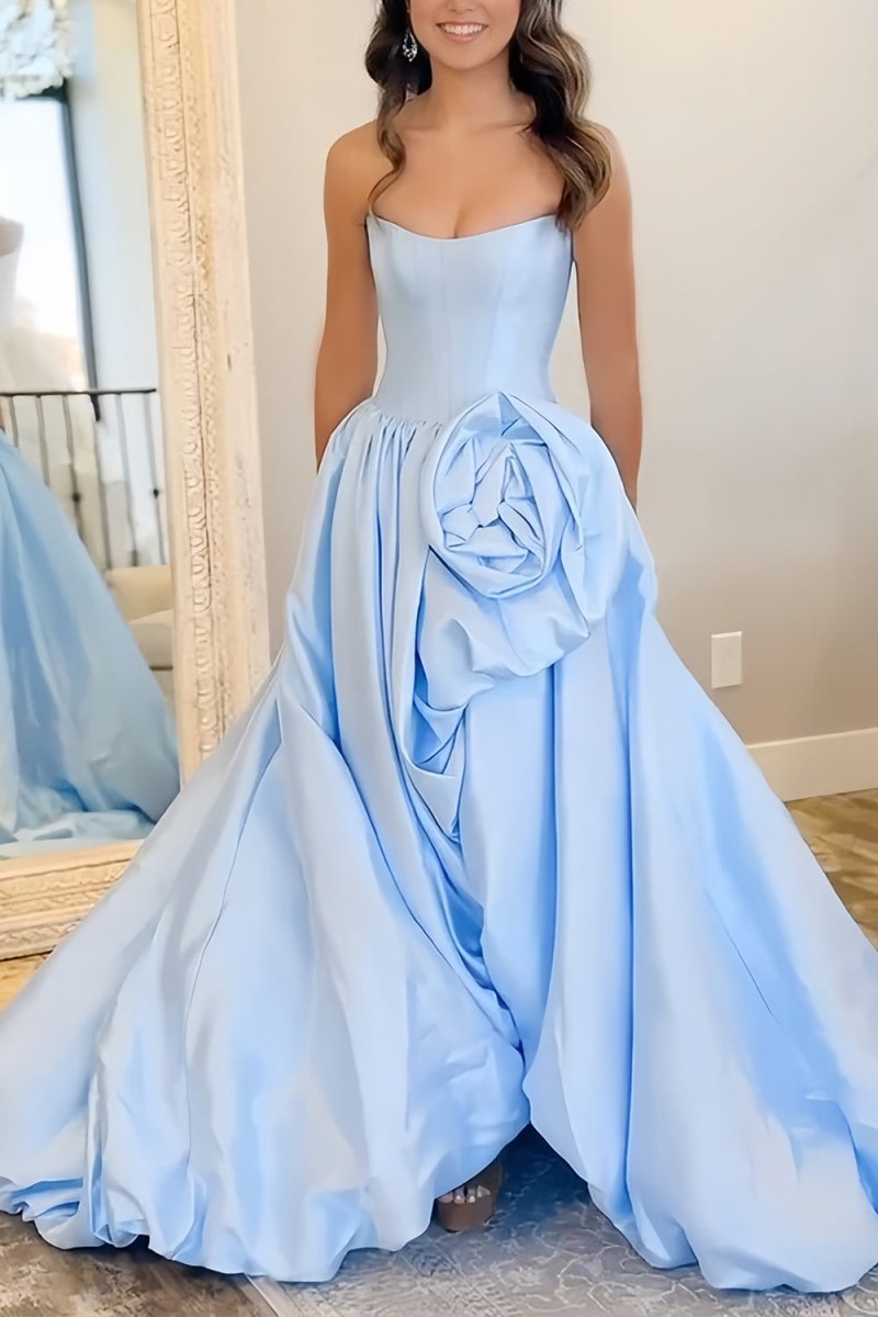 Red - Scoop Neck A Line Satin Long Prom Dress With Floral