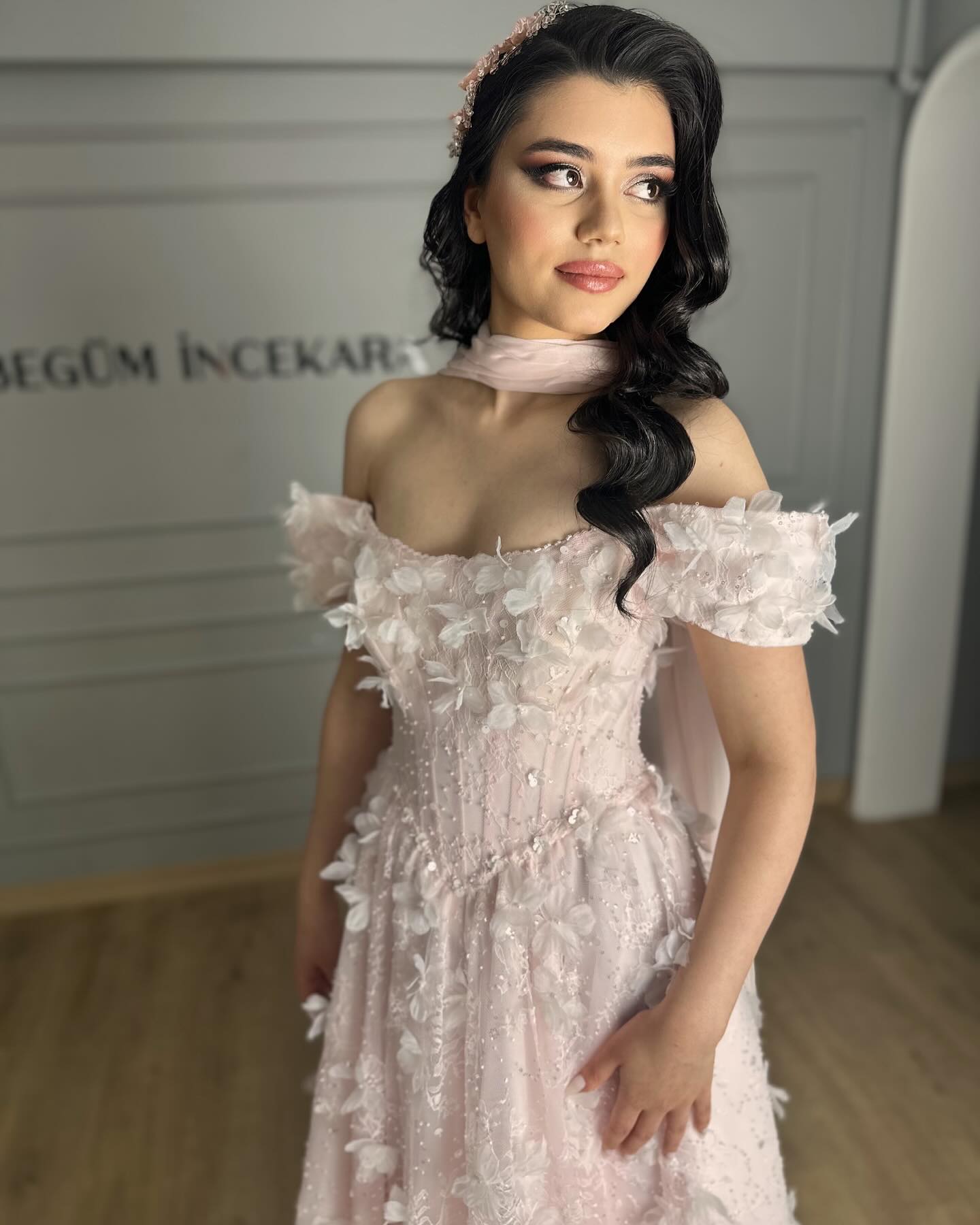 Pink Flowers Off the Shoulder A-Line Sleeveless Evening Dress Formal