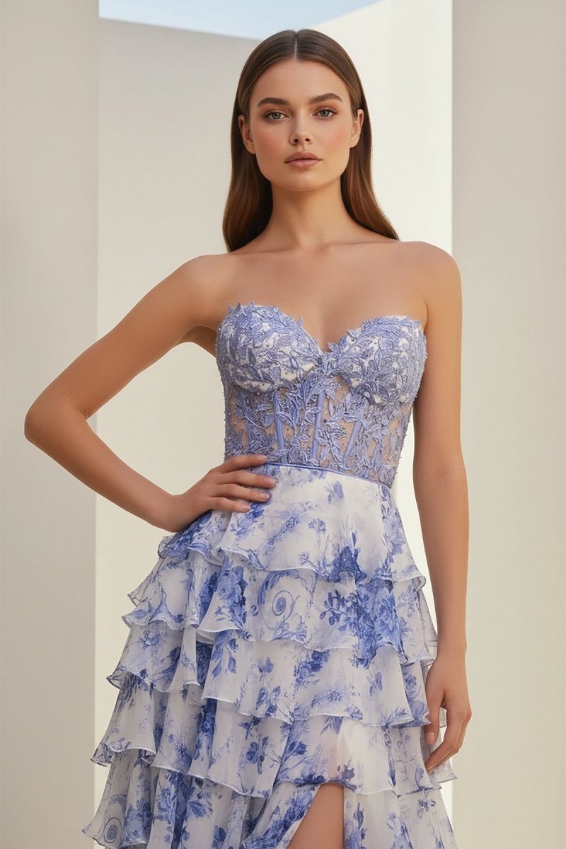 Blue - Sweetheart A Line Floral Chiffon Ruffled Formal Prom Dresses With Appliques