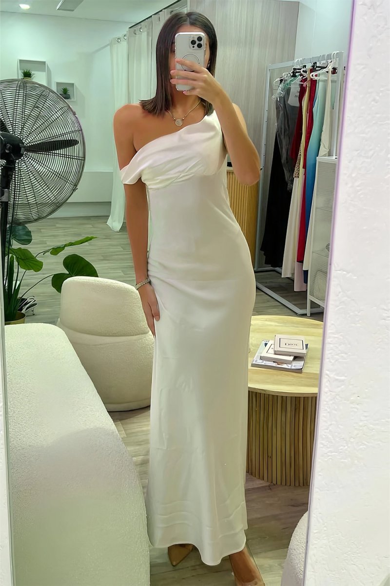 White - One Shoulder Sheath Satin Long Prom Dresses