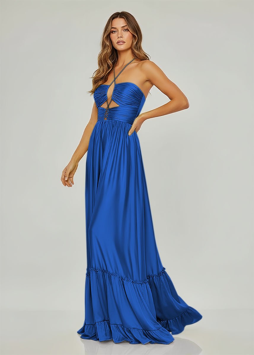 Criss-cross Chartreuse Ruched A-line Halter Sleeveless Long Prom Dress