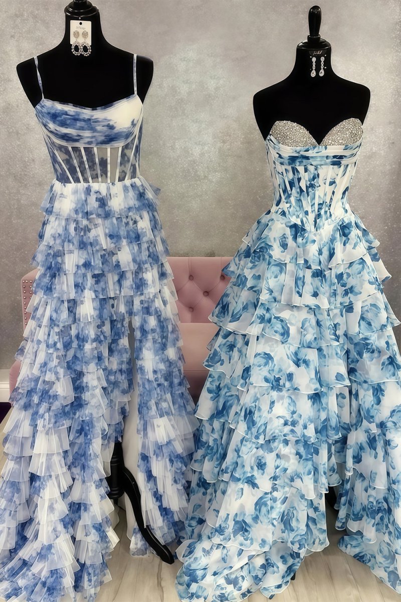 Blue - A-Line Floral Chiffon Strapless Ruffled Beaded Long Prom Dresses with Slit