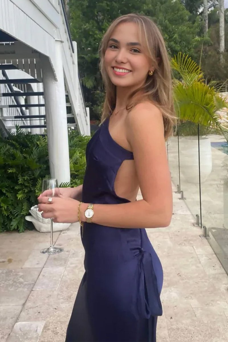 Navy Blue - One Shoulder Sheath Satin Backless Long Prom Dresses