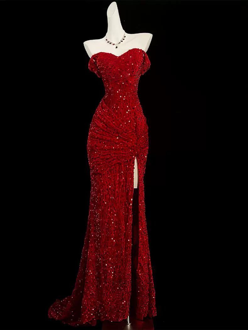 Unique Mermaid Off The Shoulder Red Sequins With Slit Prom Dresses Formal Gown Inspo Evening Outfits AB1396
