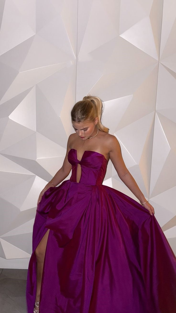 Modest A Line Strapless Grape With Slit For Women Party Dress Long Formal Prom Dresses 22th Birthday Outfits AB1406