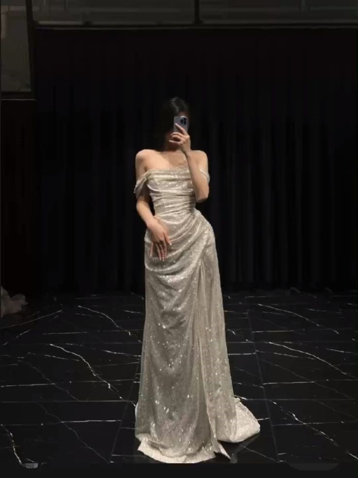 Unique A Line Off The Shoulder White Sequin With Slit Prom Dresses Formal Gown Inspo Evening Outfits AB1410