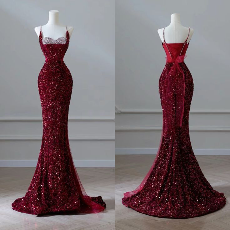 Classy Mermaid Spaghetti Straps Burgundy Sequins For Women Party Dress Long Formal Prom Dresses 18th Birthday Gowns AB1305