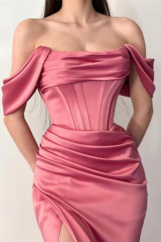Dusty Rose Off-The-Shoulder Sleeveless Pleated Mermaid Evening Dress with Split