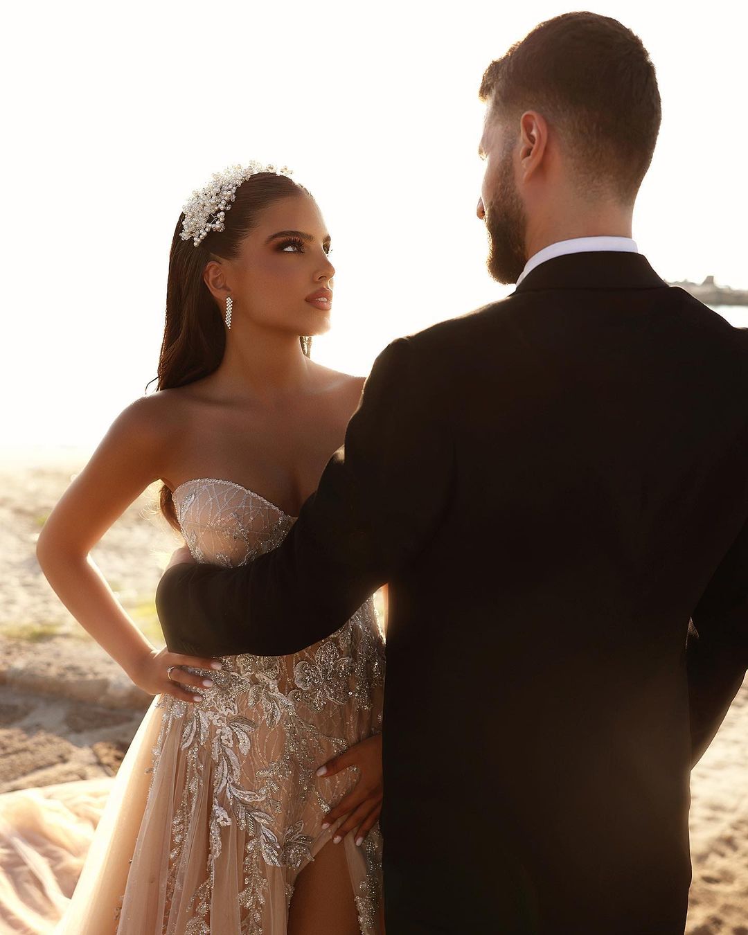 Elegant Sweetheart Long Glitter Lace Wedding Dress Long Slit