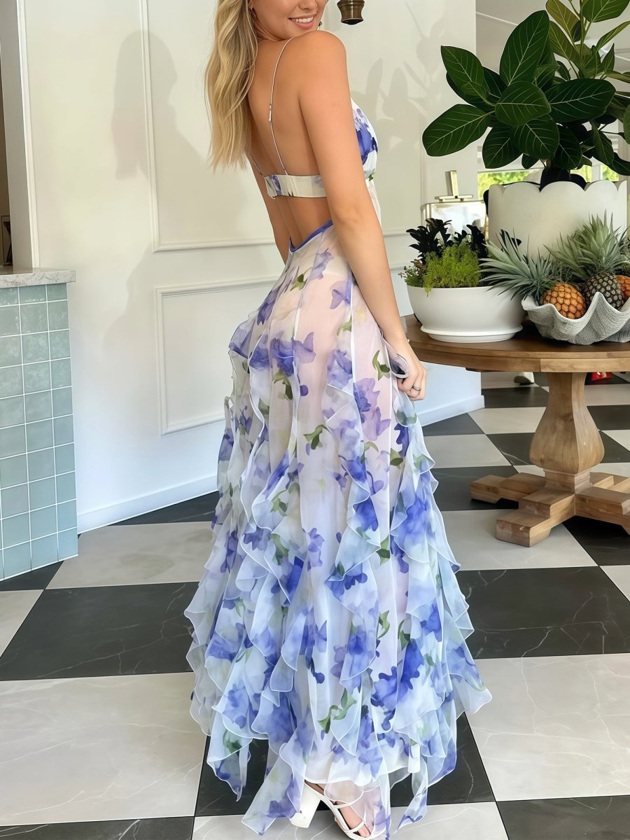 Blue A-Line Chiffon Spaghetti Strap Prom Dresses