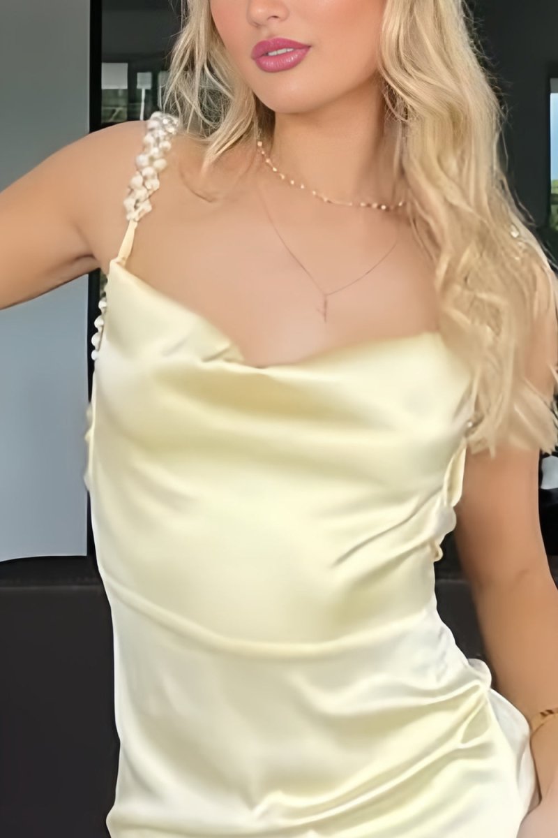 Yellow - Sheath Spaghetti Straps Satin Long Prom Dresses With Pearls