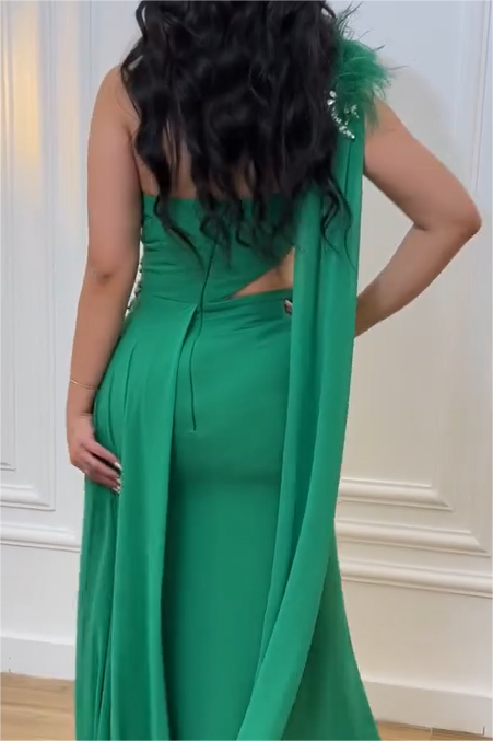 Green Mermaid One Shoulder Sleeveless Beaded Long Pleated Prom Dress With Feather