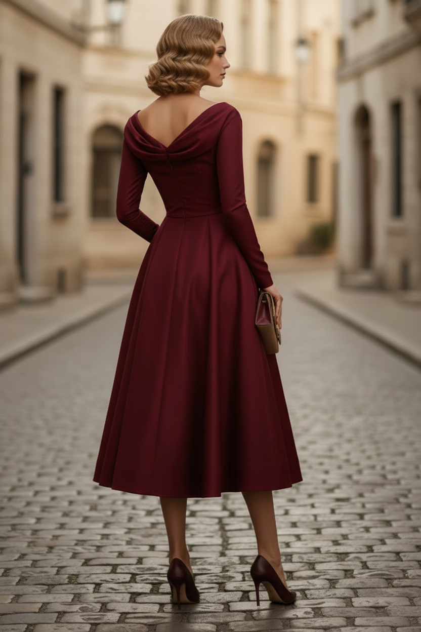 V-Neck Long Sleeve A-Line Tea-Length Evening Dress
