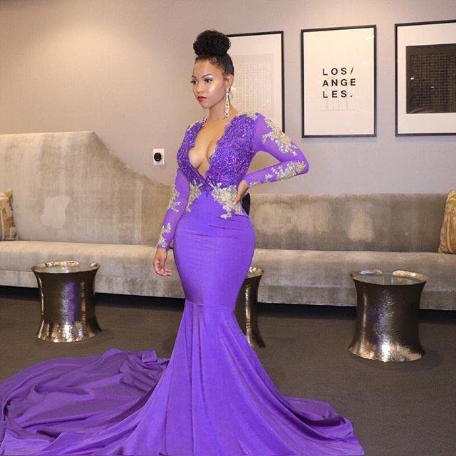 Chic Purple Long Sleeves Deep V Neck Mermaid Prom Dress With Lace Appliques