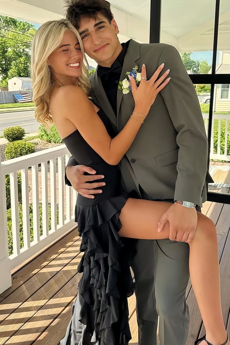 Black - Sheath Strapless Chiffon Long Prom Dresses With Ruffles