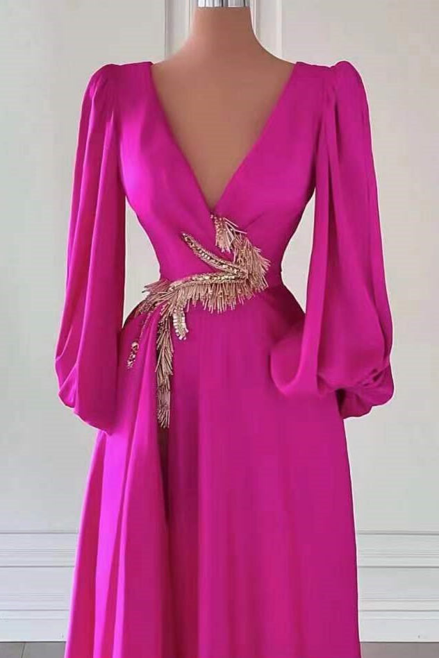Fuchsia Dark V Neck A Line Long Sleeves Long Prom Dress With Embellishment