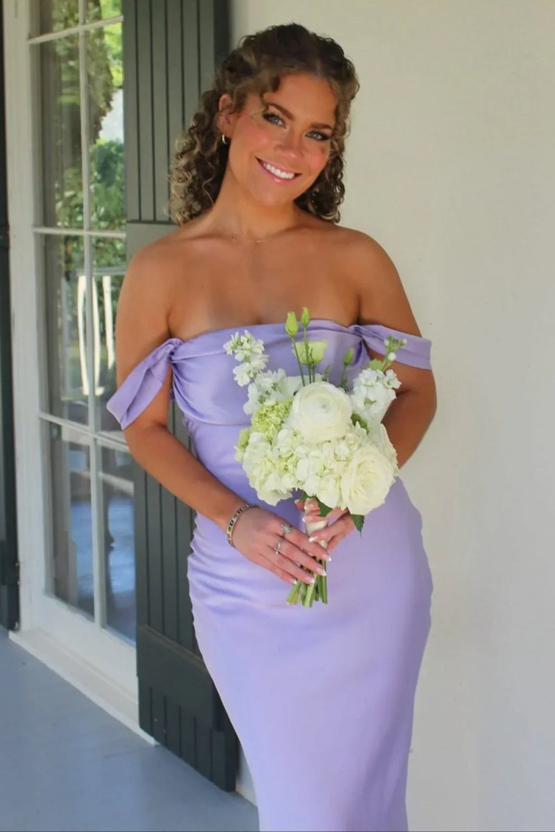 Lilac - Off The Shoulder Sheath Satin Long Prom Dresses