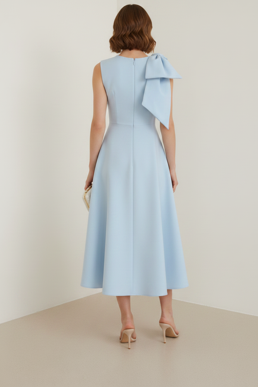Bule Sleeveless Bow A-Line Tea-Length Evening Dress