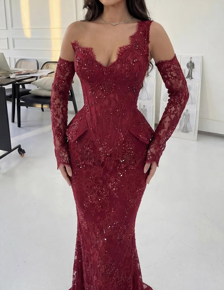 Sexy One Shoulder Detachable Long Sleeve Mermaid Prom Dress Sparkle Beaded