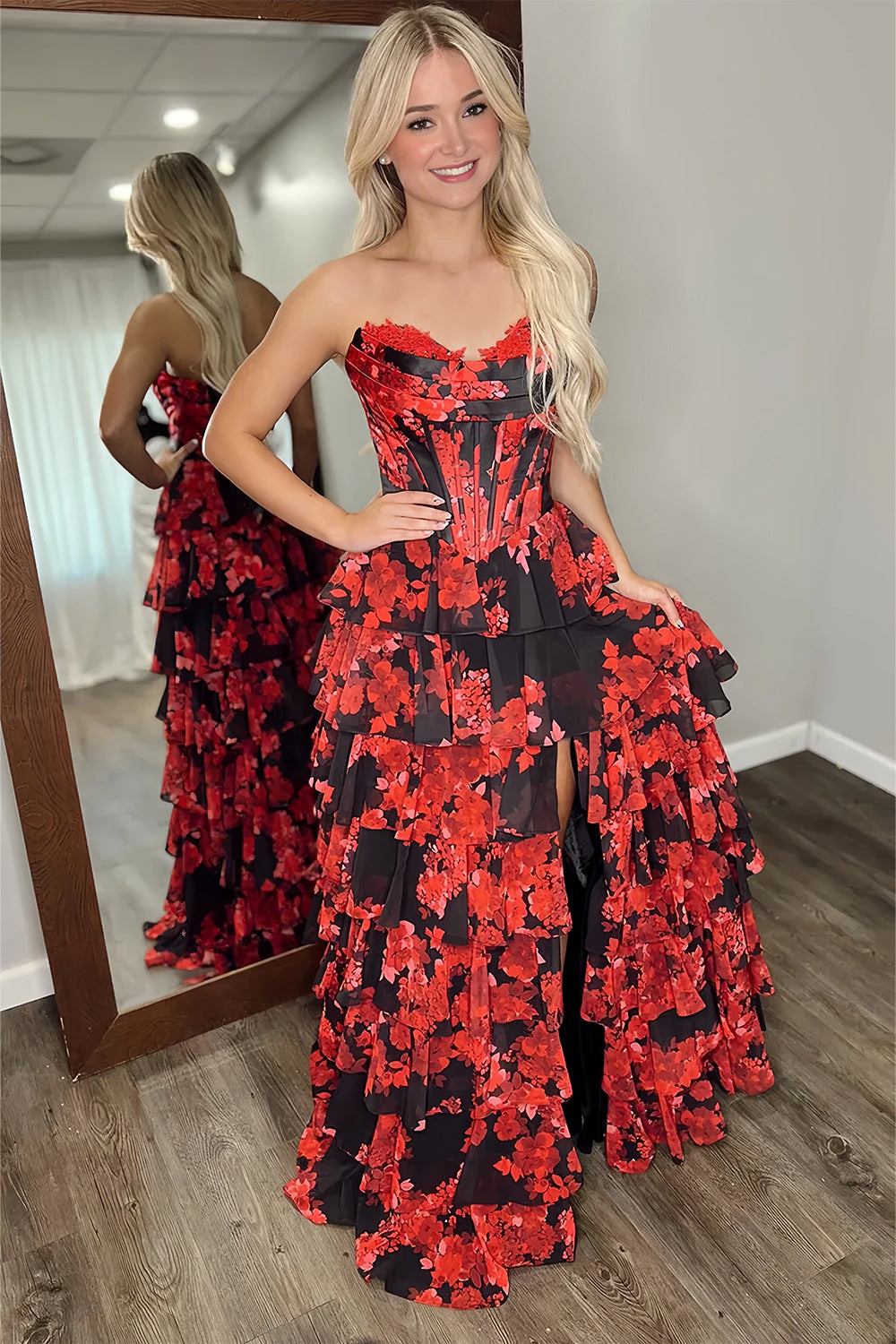 Hermonde | Red - Strapless A Line Floral Chiffon Ruffled Prom Dresses With Slit