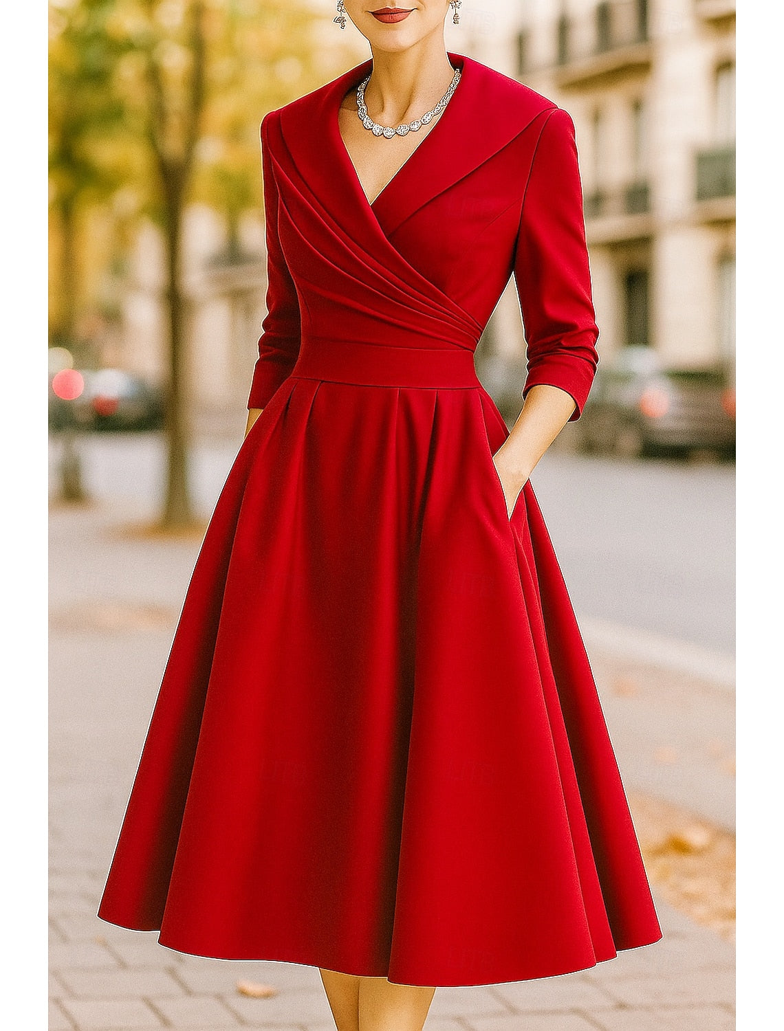 V-Neck 3/4 Sleeve A-Line Knee-Length Formal Evening Dress