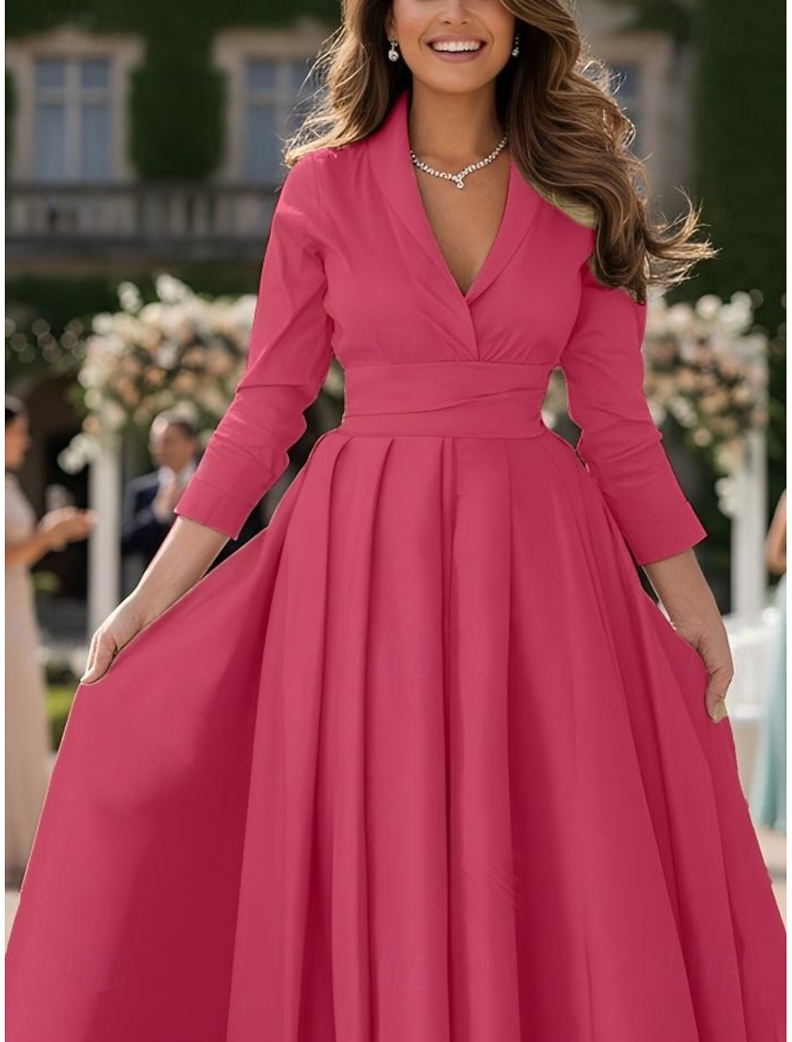 Fuchsia V-Neck Long Sleeve A-Line Formal Evening Dress
