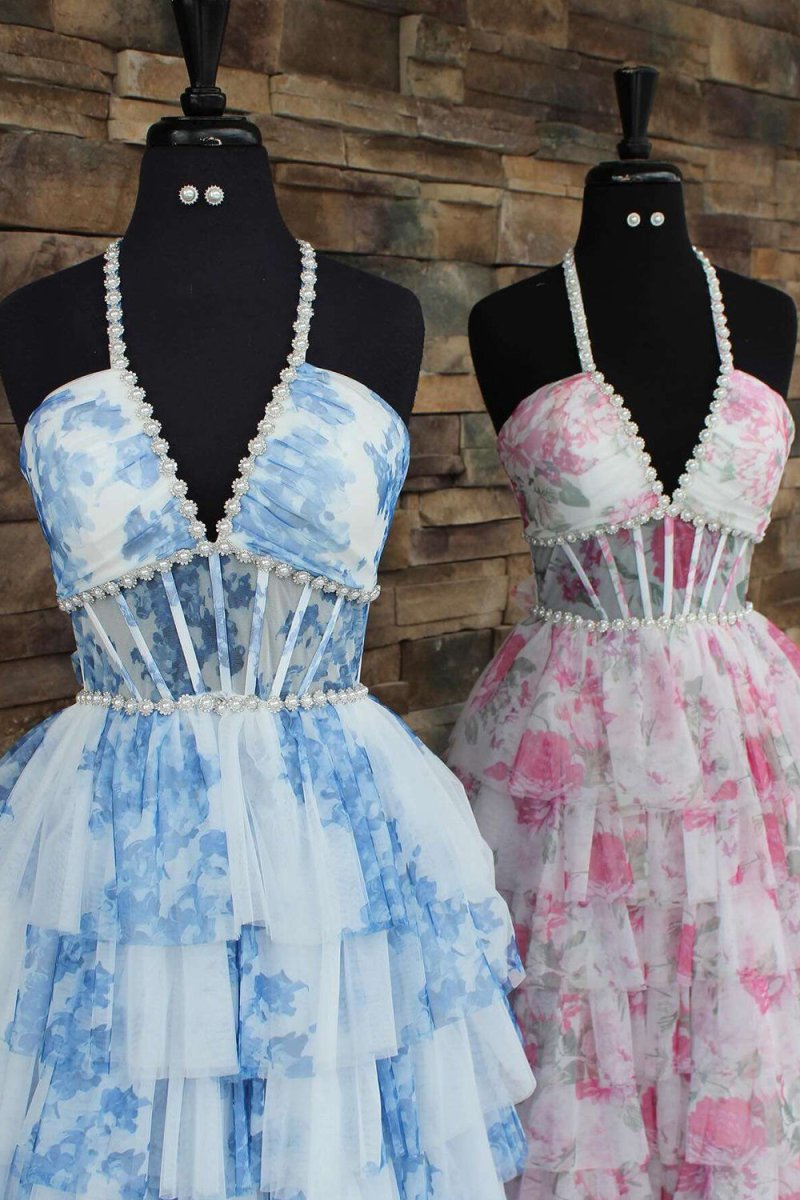 Blue – A Line Floral Tulle Halter Long Prom Dress with Ruffles and Beading
