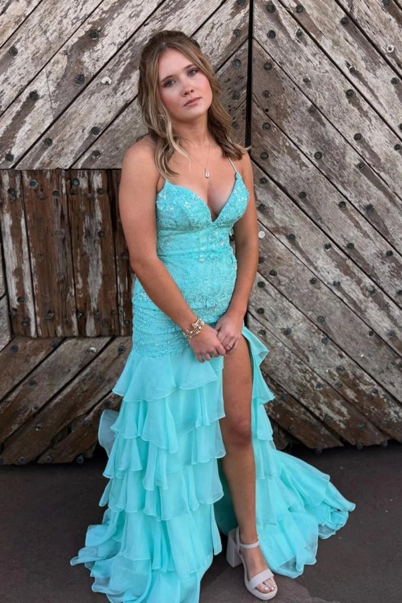 Aqua - Spaghetti Straps Mermaid Lace Appliqued Prom Dresses With Ruffles
