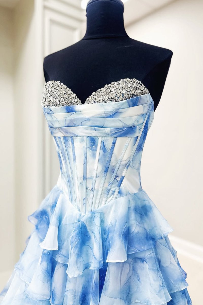 Blue - Strapless A-Line Floral Chiffon Ruffled Long Prom Dresses With Beading