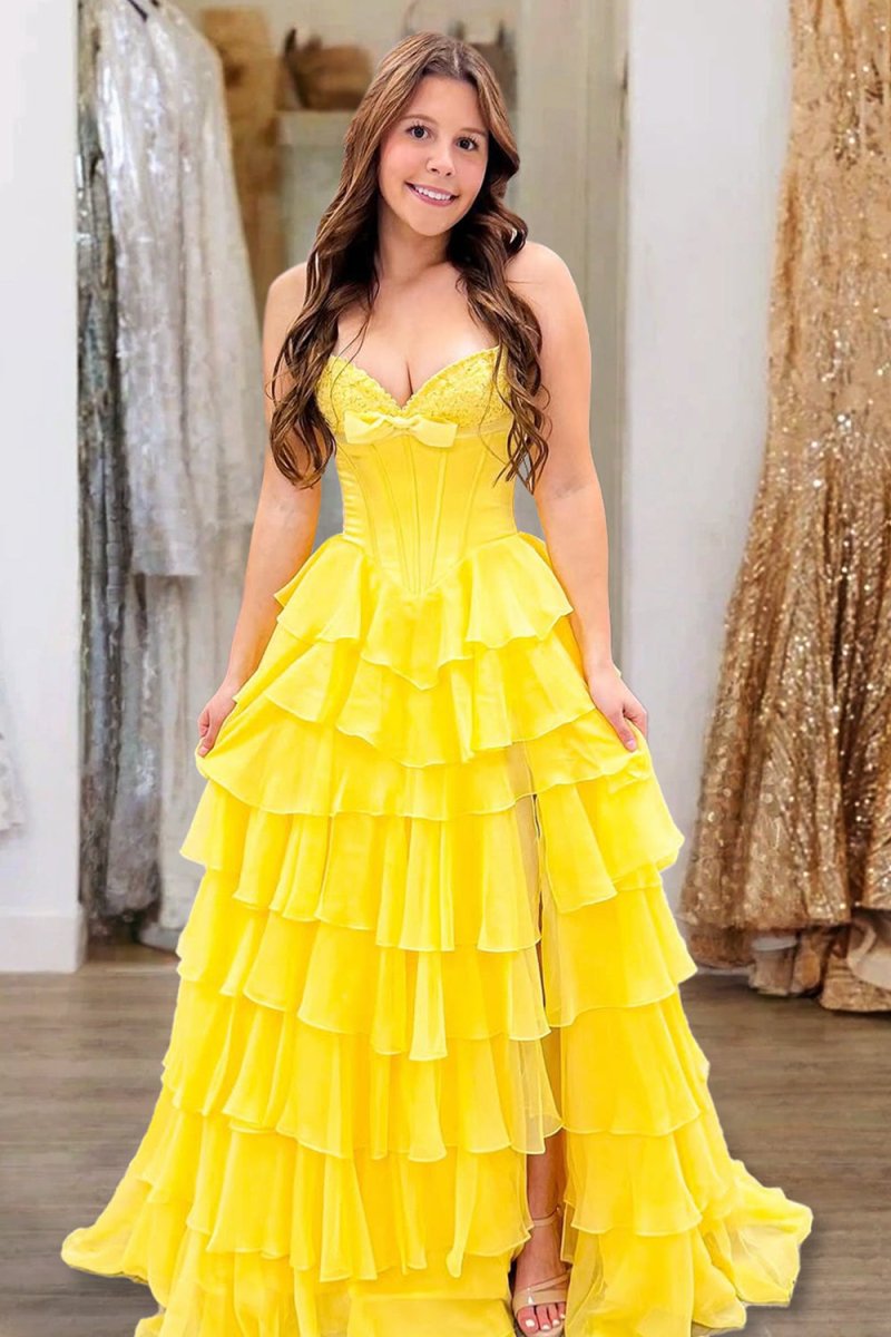 Fuchsia - A Line Strapless Chiffon Ruffled Long Formal Prom Dresses With Bow