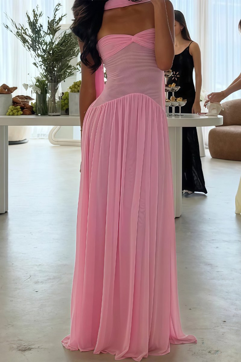 Pink - Strapless A Line Chiffon Pleated Long Prom Dresses