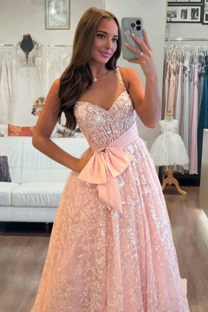 Sweetheart A Line Sequined Lace Long Prom Dresses With Bow