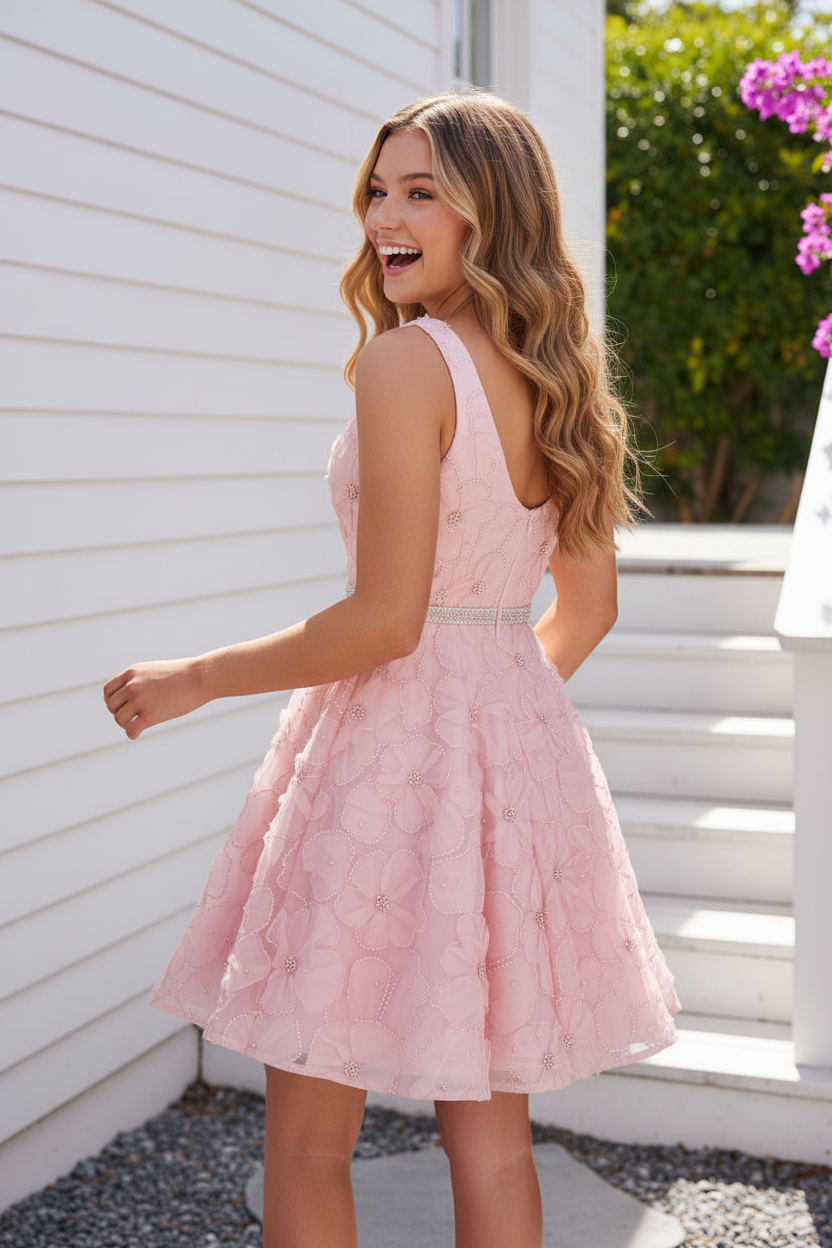 3D Floral Applique A-Line Party Dress with Beading