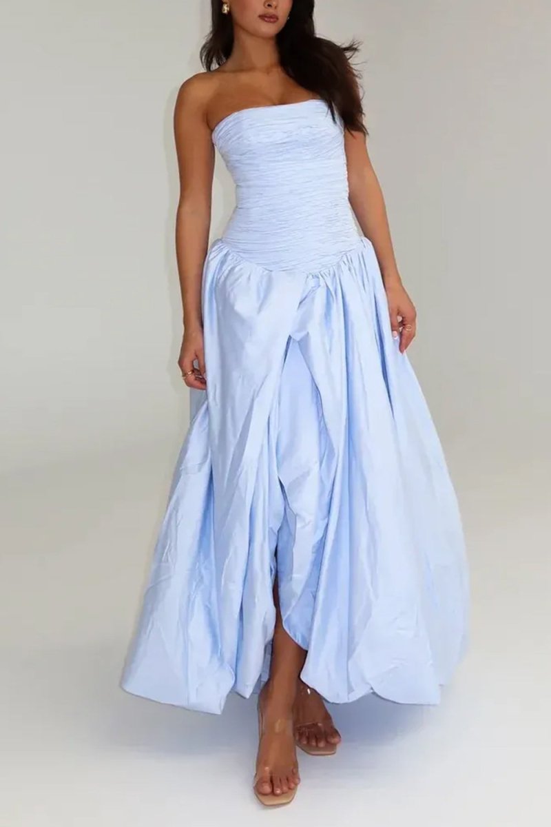 Sky Blue - Strapless A Line Satin Pleated Prom Dresses With Slit