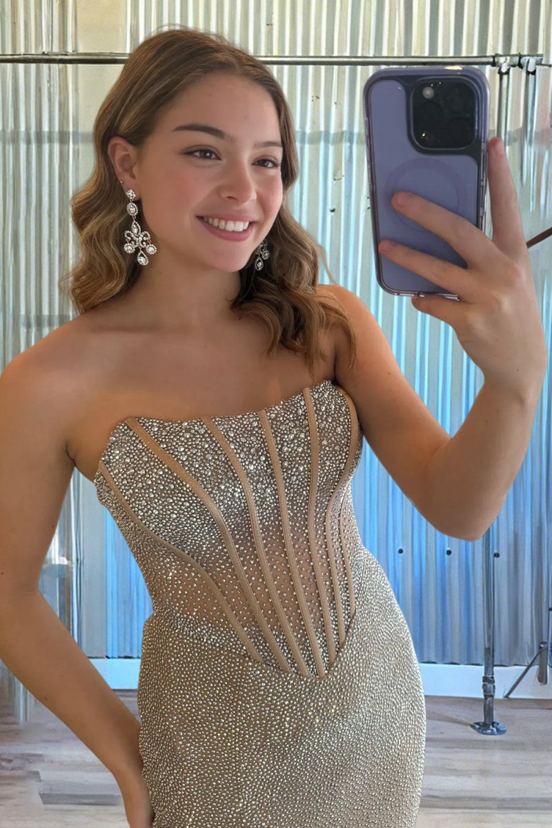 Sky Blue - Strapless Mermaid Satin Beaded Long Formal Prom Dresses With Slit