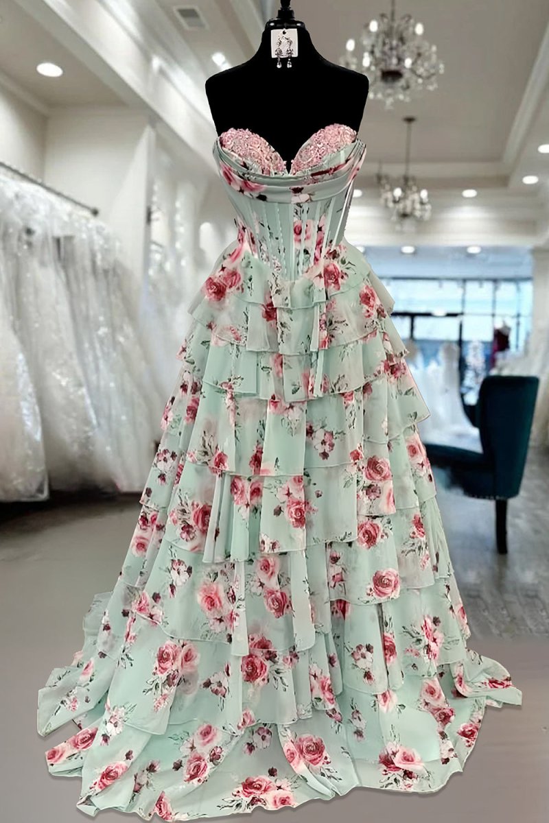 Mint Green - Strapless A Line Chiffon Ruffled Long Prom Dresses With Floral