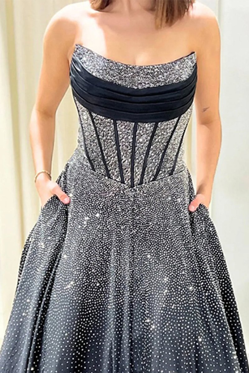 Black - Strapless A Line Satin Beaded Long Prom Dresses With Pockets