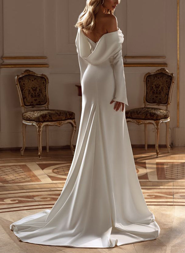 Off-The-Shoulder Long Sleeves Elastic Satin Wedding Dress
