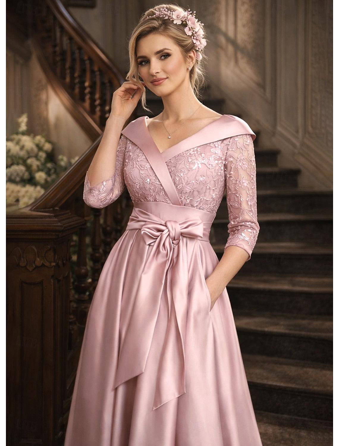 V-Neck 3/4 Sleeve Bow A-Line Lace Floor-Length Evening Dress