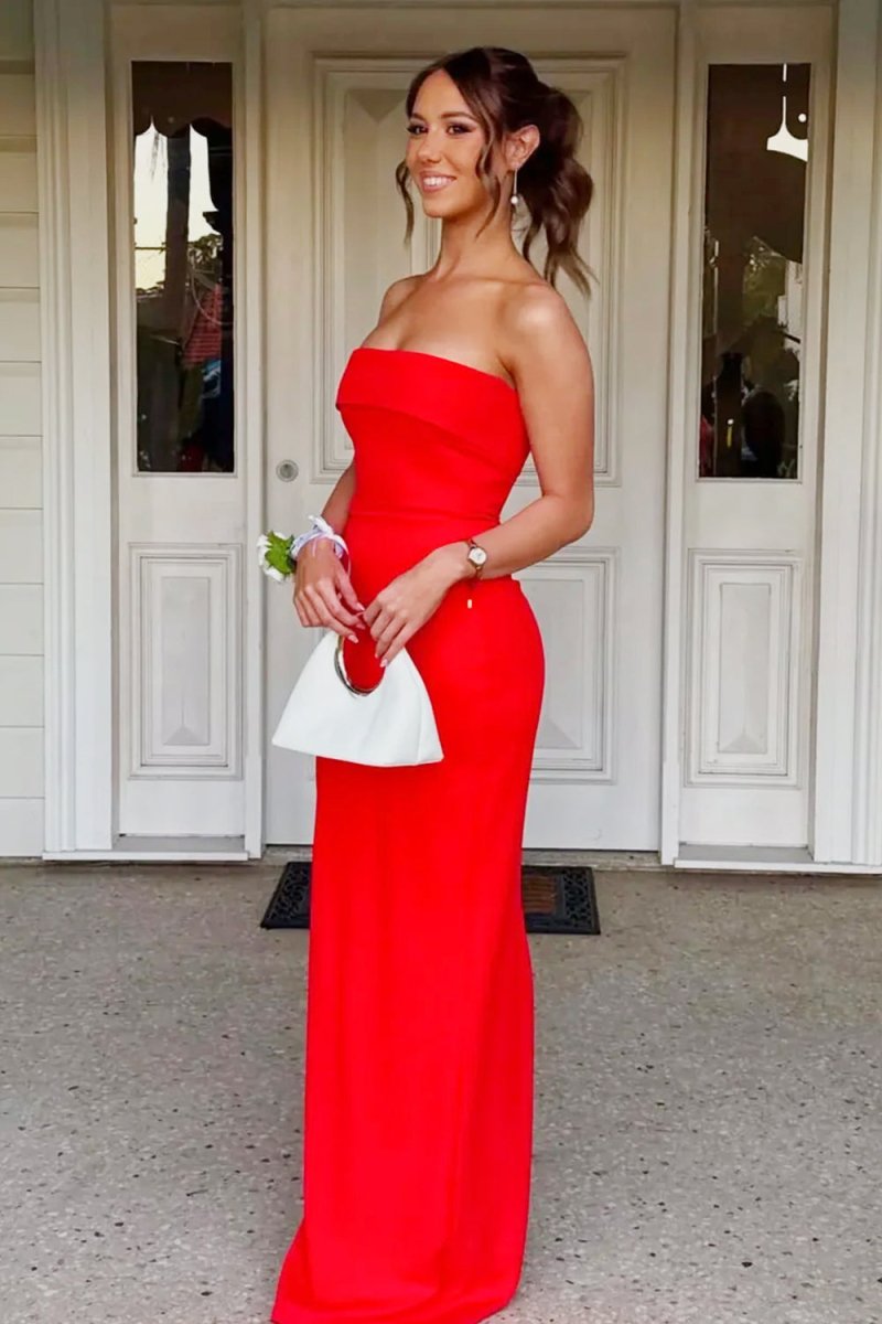Red - Strapless Sheath Satin Pleated Long Formal Prom Dresses