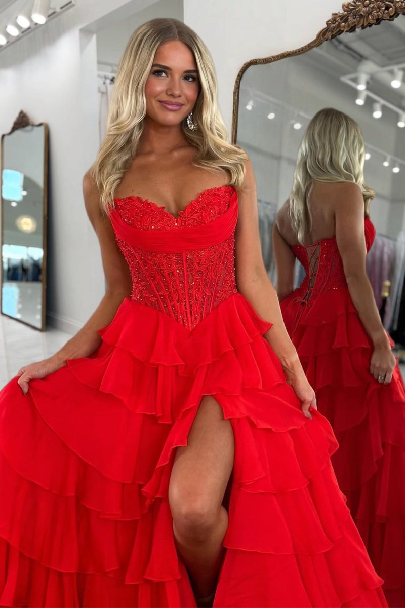 Red - Strapless A Line Chiffon Ruffled Prom Dresses With Appliques