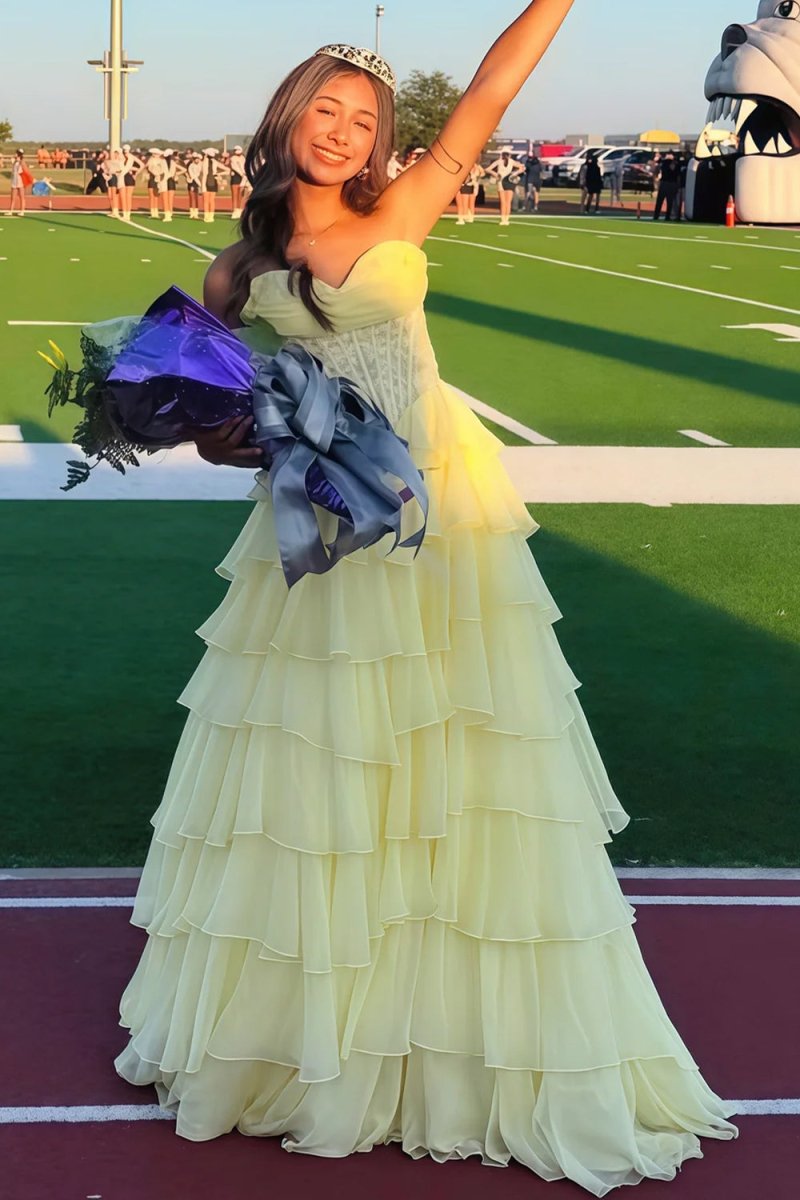 Yellow - Strapless A Line Chiffon Ruffled Prom Dresses With Appliques