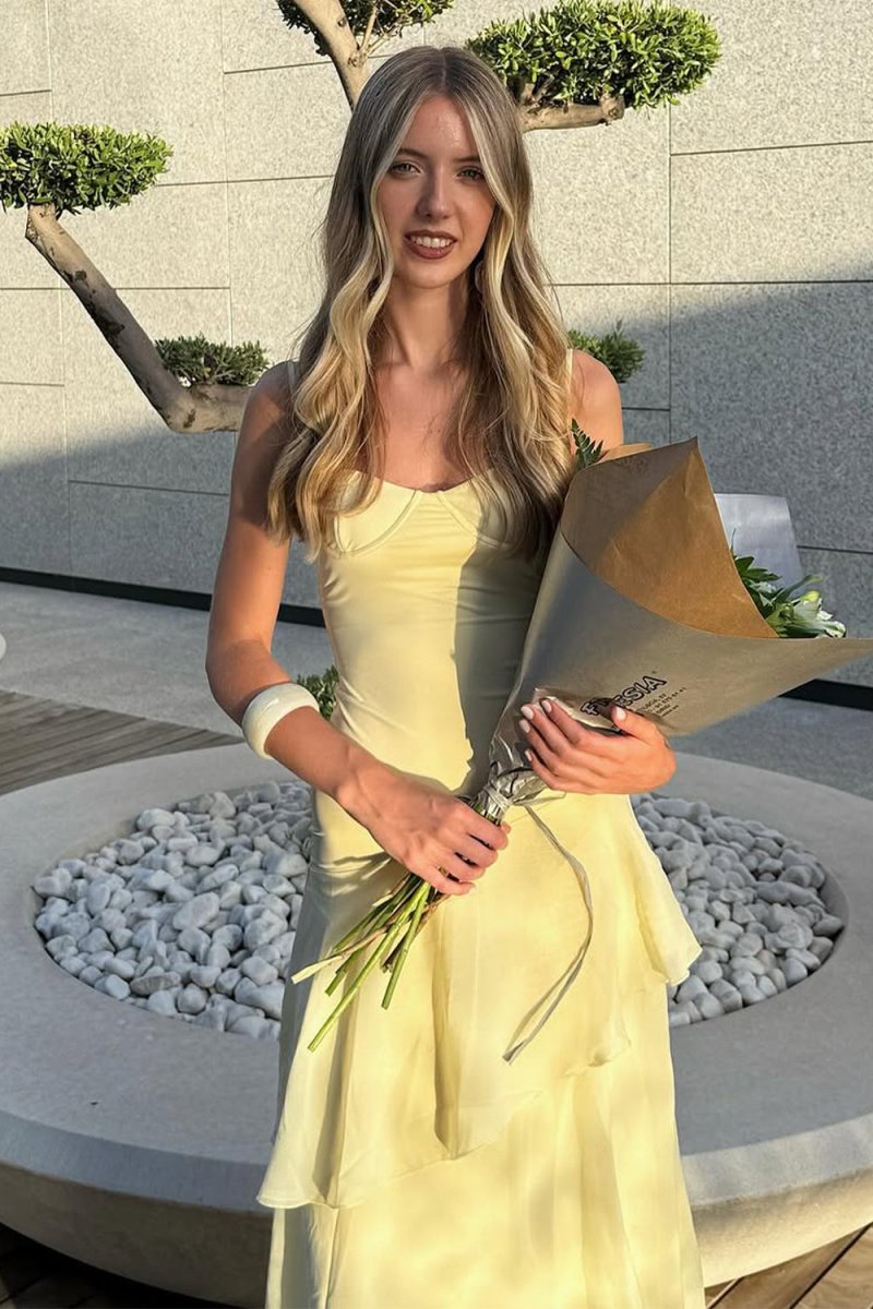 Yellow - Spaghetti Straps Chiffon Sheath Long Formal Prom Dresses With Ruffles