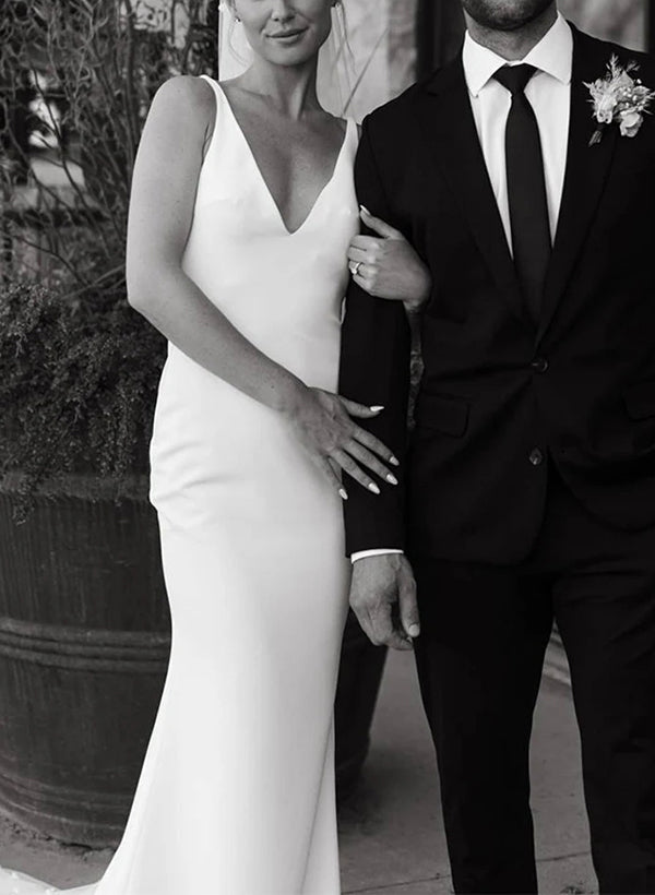 Satin Wedding Dress Open Back V-Neck Sleeveless Sheath Fitted